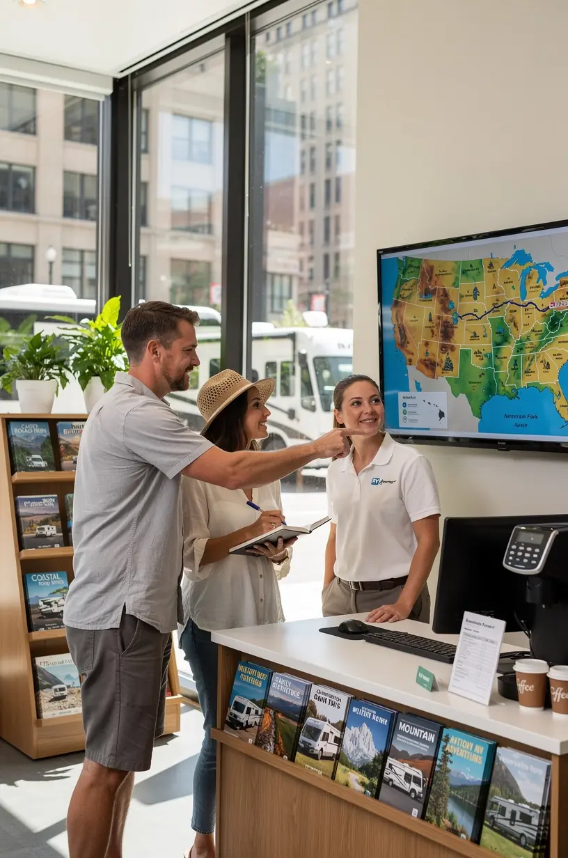 Интерактивная цифровая панель с планированием маршрута по США для путешественников на автодомах.